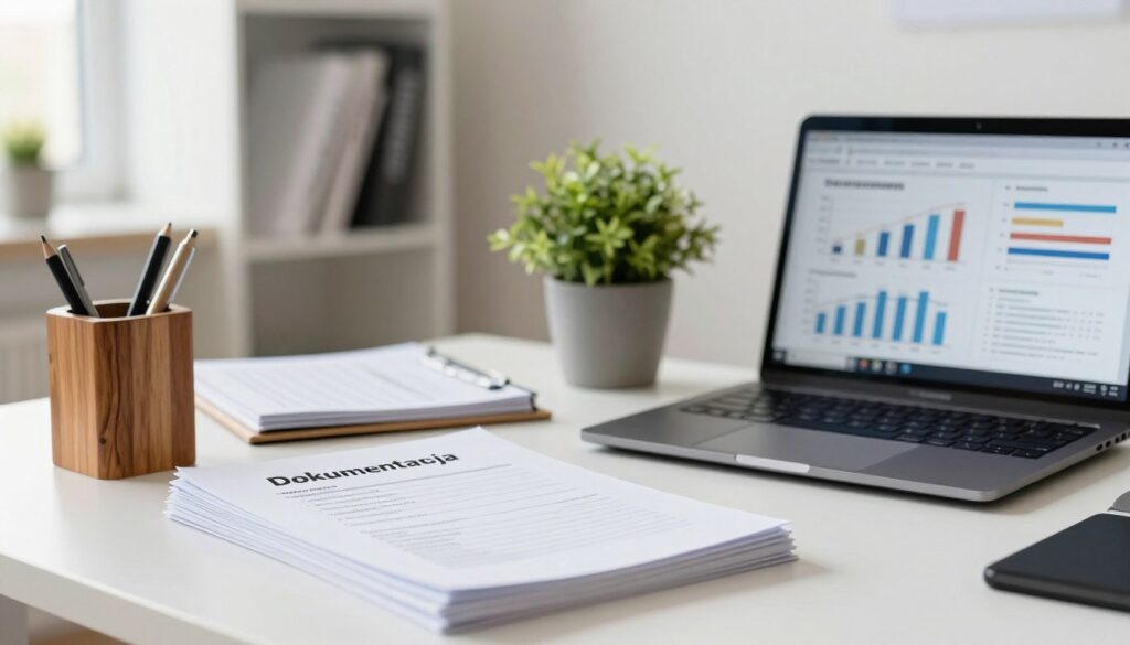 A well-organized office desk in a bright, professional workspace, conveying a sense of productivity and clarity. In the foreground, a stack of neatly arranged documents labeled "Dokumentacja" sits beside a polished wooden pen holder. A laptop displays educational graphs and charts related to work experience documentation. In the middle ground, a potted plant adds a touch of greenery, while an open binder reveals organized tabs for various periods of study, symbolizing proper record-keeping. The background features a soft-focus view of a modern bookshelf with books on education and career development. Soft, natural light streams through a nearby window, creating an inviting atmosphere. The overall mood reflects professionalism and the importance of proper documentation for educational periods.