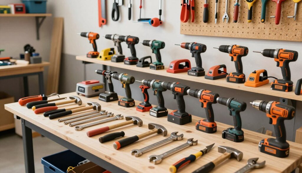 A well-organized workshop filled with an array of high-quality tools and equipment designed for DIY enthusiasts. In the foreground, display a sturdy workbench with an assortment of hand tools, such as hammers, wrenches, and pliers, neatly arranged. In the middle, include shelves lined with power tools like drills, saws, and sanders, showcasing their various colors and designs. In the background, depict pegboards with tool holders and additional gadgets, adding depth to the scene. Use bright, soft lighting that highlights the tools' metallic surfaces, creating a vibrant and inviting atmosphere. The angle should capture the entire workspace from a slight overhead perspective, emphasizing the organization and accessibility of the tools, inspiring creativity in every DIY enthusiast who views it. A well-organized workshop filled with an array of high-quality tools and equipment designed for DIY enthusiasts. In the foreground, display a sturdy workbench with an assortment of hand tools, such as hammers, wrenches, and pliers, neatly arranged. In the middle, include shelves lined with power tools like drills, saws, and sanders, showcasing their various colors and designs. In the background, depict pegboards with tool holders and additional gadgets, adding depth to the scene. Use bright, soft lighting that highlights the tools' metallic surfaces, creating a vibrant and inviting atmosphere. The angle should capture the entire workspace from a slight overhead perspective, emphasizing the organization and accessibility of the tools, inspiring creativity in every DIY enthusiast who views it.