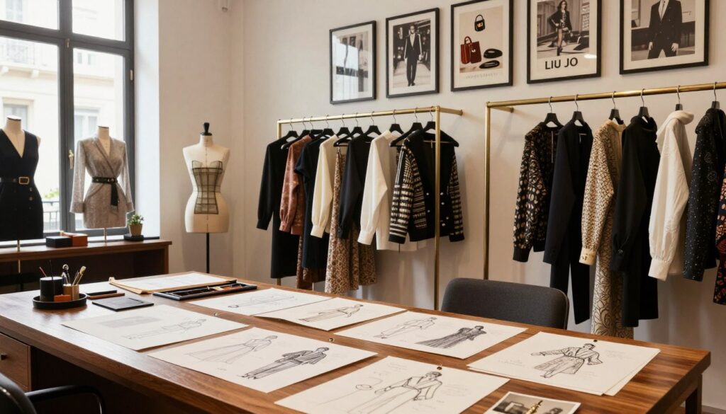 An elegant Italian fashion studio interior, showcasing the rich history of Liu Jo brand. The foreground features a stylish designer workspace with sketches of clothing designs elegantly spread across a wooden table. In the middle ground, racks display chic apparel inspired by the brand's iconic collections, draped neatly with soft lighting emphasizing their textures. The background reveals a wall adorned with framed vintage photos of Liu Jo's early fashion shows and accessories, hinting at the brand's evolution over the years. The atmosphere is sophisticated yet inviting, with warm natural light streaming through large windows, creating a creative and inspiring mood. The image should have a polished professional look, focusing on the artistry and heritage of the fashion label. An elegant Italian fashion studio interior, showcasing the rich history of Liu Jo brand. The foreground features a stylish designer workspace with sketches of clothing designs elegantly spread across a wooden table. In the middle ground, racks display chic apparel inspired by the brand's iconic collections, draped neatly with soft lighting emphasizing their textures. The background reveals a wall adorned with framed vintage photos of Liu Jo's early fashion shows and accessories, hinting at the brand's evolution over the years. The atmosphere is sophisticated yet inviting, with warm natural light streaming through large windows, creating a creative and inspiring mood. The image should have a polished professional look, focusing on the artistry and heritage of the fashion label.
