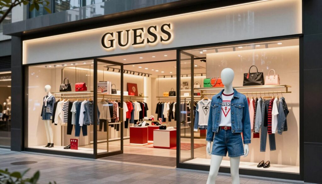 An elegant and modern showcase of the foundation of the Guess brand, featuring a stylish and dynamic storefront filled with iconic clothing and accessories. In the foreground, there is a mannequin dressed in trendy Guess apparel, showcasing the brand's signature denim and bold logo. The middle ground includes vibrant display windows filled with colorful merchandise, exuding a sense of luxury and fashion-forward thinking. In the background, a soft-focus cityscape with contemporary architecture highlights the brand’s global appeal. The scene is illuminated by warm, inviting lighting that enhances the ambiance, creating a welcoming atmosphere. Shot from a slightly elevated angle to provide depth, the overall mood is inspiring, reflecting the brand’s commitment to innovation and quality. An elegant and modern showcase of the foundation of the Guess brand, featuring a stylish and dynamic storefront filled with iconic clothing and accessories. In the foreground, there is a mannequin dressed in trendy Guess apparel, showcasing the brand's signature denim and bold logo. The middle ground includes vibrant display windows filled with colorful merchandise, exuding a sense of luxury and fashion-forward thinking. In the background, a soft-focus cityscape with contemporary architecture highlights the brand’s global appeal. The scene is illuminated by warm, inviting lighting that enhances the ambiance, creating a welcoming atmosphere. Shot from a slightly elevated angle to provide depth, the overall mood is inspiring, reflecting the brand’s commitment to innovation and quality.