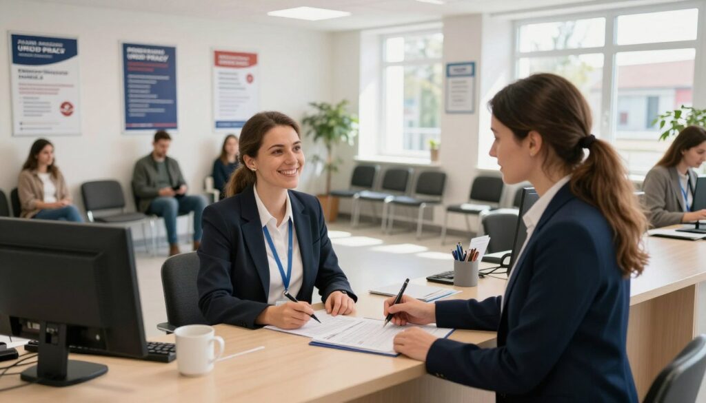 An interior view of a bustling job center in a Polish town, showcasing a registration area at the Powiatowy Urząd Pracy. In the foreground, a professional woman in smart business attire is filling out forms at a reception desk, while a counselor is assisting her with a warm smile. In the middle ground, several people wait in a well-lit and organized area, surrounded by informational posters about job search resources. The background features a modern reception area with neat rows of chairs and a large window letting in natural sunlight, creating a welcoming atmosphere. The overall mood is hopeful and supportive, reflecting the process of registering for employment services. The lighting is bright but soft, emphasizing a sense of professionalism and accessibility.