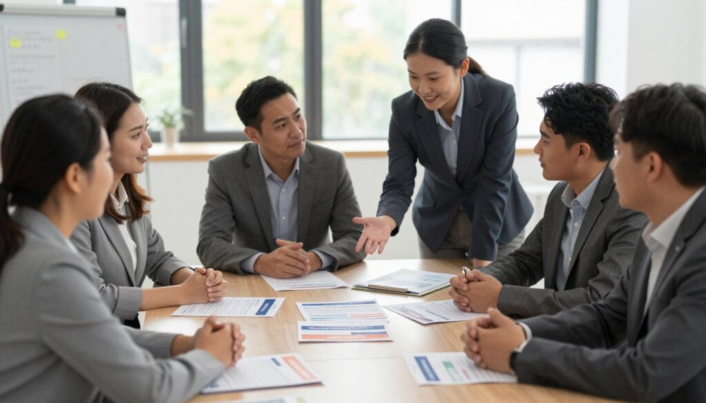 An inviting office environment showcasing institutional support for individuals with disabilities. In the foreground, a diverse group of professionals in business attire engaged in a discussion around a large table, symbolizing collaboration and guidance. The middle ground features informational pamphlets and resources related to job searching for those with disabilities, strategically placed on the table, while a supportive professional gestures towards them, encouraging participation. The background displays a subtle blur of large windows allowing warm, natural light to flood in, creating a welcoming and optimistic atmosphere. Soft, focused lighting highlights the faces of the individuals, emphasizing inclusivity and teamwork, while the camera angle is slightly elevated, providing a comprehensive view of the scene.