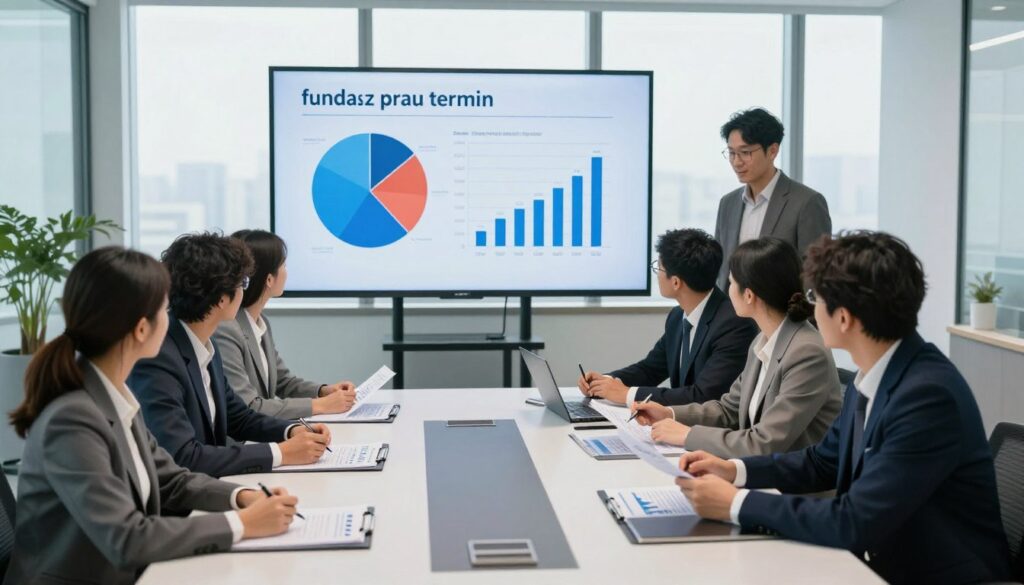An office setting depicting a meeting room that symbolizes "fundusz pracy termin." In the foreground, a diverse group of professionals in business attire are gathered around a sleek conference table, examining reports and discussing financial data, emphasizing the importance of timely financial settlements. In the middle ground, a large digital screen displays a pie chart and bar graph reflecting social security contributions and allocations. The background features a modern office design with large windows, allowing natural light to flood the room, enhancing a bright and focused atmosphere. The lighting is soft yet well-defined, creating a professional aura. The angle is slightly elevated, providing a broader perspective of collaboration and clarity, reinforcing the theme of accountability and compliance with deadlines.