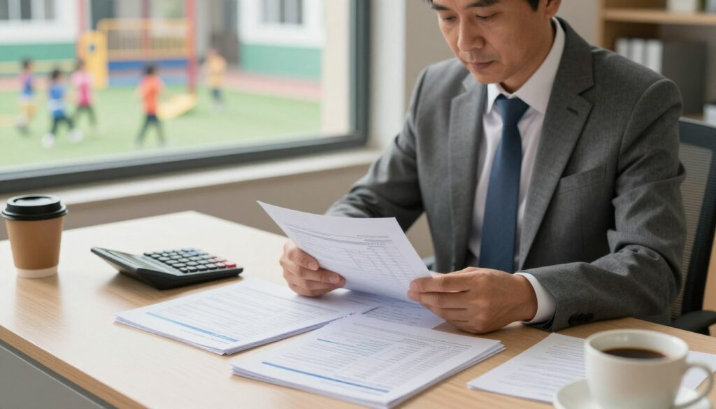 An office setting showcasing the components of a school director's salary and pay structure. In the foreground, a neatly arranged desk featuring a stack of official financial reports, a calculator, and a coffee cup. The middle ground presents a professional-looking school director, a middle-aged person in business attire, reviewing documents with a thoughtful expression. In the background, a large window shows a glimpse of a school playground filled with children at play, signifying the educational environment. The lighting is warm and natural, coming from the window, creating an inviting atmosphere. The camera angle is slightly above eye level, providing a comprehensive view of the interaction between the director and the salary details. Overall, the image conveys professionalism, financial consideration, and a focus on education. An office setting showcasing the components of a school director's salary and pay structure. In the foreground, a neatly arranged desk featuring a stack of official financial reports, a calculator, and a coffee cup. The middle ground presents a professional-looking school director, a middle-aged person in business attire, reviewing documents with a thoughtful expression. In the background, a large window shows a glimpse of a school playground filled with children at play, signifying the educational environment. The lighting is warm and natural, coming from the window, creating an inviting atmosphere. The camera angle is slightly above eye level, providing a comprehensive view of the interaction between the director and the salary details. Overall, the image conveys professionalism, financial consideration, and a focus on education.