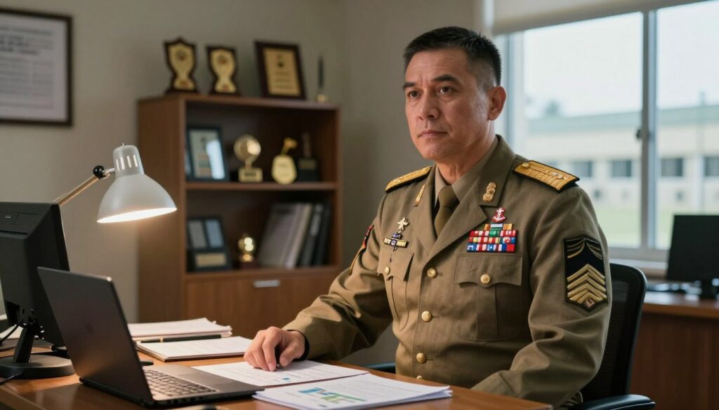 An organized military office setting, showcasing a dedicated officer in formal military attire, standing confidently at a desk covered with documents and a laptop displaying charts and figures. The officer, a middle-aged man with a thoughtful expression, is positioned in the foreground, with a well-lit environment that highlights the professionalism of military life. In the middle ground, shelves filled with awards and military paraphernalia create a sense of achievement. The atmosphere is serious yet motivational, with soft, warm lighting emitting from a desk lamp, casting gentle shadows. The background features a window with a view of barracks, slightly blurred to emphasize the officer's focus on his work. The composition suggests dedication and professionalism, perfect for illustrating military pay scales.