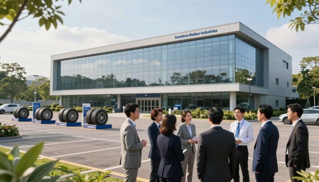 Sumitomo Rubber Industries headquarters, a modern, sleek building with large glass windows reflecting the sky, set in a lush green environment. In the foreground, a diverse group of professionals in business attire engage in discussion, showcasing collaboration and innovation. The middle ground features an expansive parking lot with several Falken tire displays, representing the brand’s international reach. The background is adorned with soft-focus trees and a blue sky, hinting at an optimistic and dynamic atmosphere. The scene is illuminated by warm, natural light, enhancing the professionalism of the setup. A slight angle from the left captures a broader view of the facility while maintaining focus on the people, creating a sense of unity and success. The overall mood is energetic and forward-thinking.